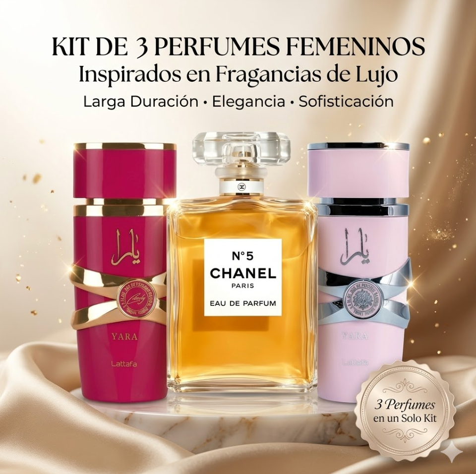 Kit 3 perfumes de lujo para mujer: Yara Candy + Hot pink + Channel 5
